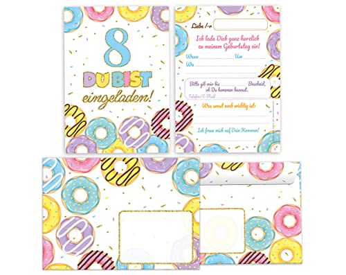 Minkocards 12 Einladungskarten incl. 12 Umschläge zum achten Kindergeburtstag 8. Geburtstag Mädchen Donuts bunte Einladungen zum Geburtstag Kinder Einladungsset von Minkocards