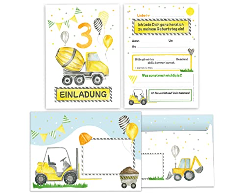 Minkocards 12 Einladungskarten incl. 12 Umschläge zum dritten Kindergeburtstag 3. Geburtstag Jungen Jungs Baustelle bunte Einladungen zum Geburtstag Kinder Einladungsset von Minkocards