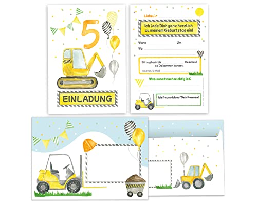 Minkocards 12 Einladungskarten incl. 12 Umschläge zum fünften Kindergeburtstag 5. Geburtstag Jungen Jungs Baustelle Bagger bunte Einladungen zum Geburtstag Kinder Einladungsset von Minkocards