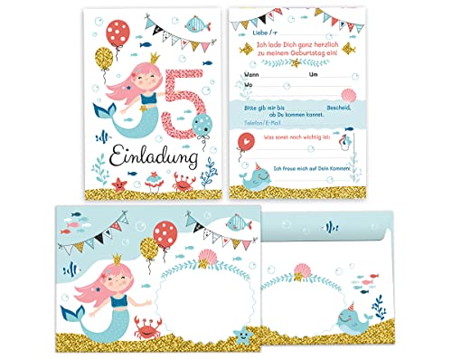 Minkocards 12 Einladungskarten incl. 12 Umschläge zum fünften Kindergeburtstag 5. Geburtstag Mädchen Meerjungfrau bunte Einladungen zum Geburtstag Kinder Einladungsset von Minkocards