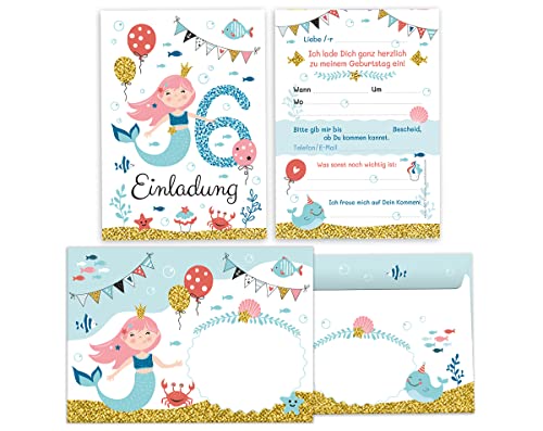 Minkocards 12 Einladungskarten incl. 12 Umschläge zum sechsten Kindergeburtstag 6. Geburtstag Mädchen Meerjungfrau bunte Einladungen zum Geburtstag Kinder Einladungsset von Minkocards