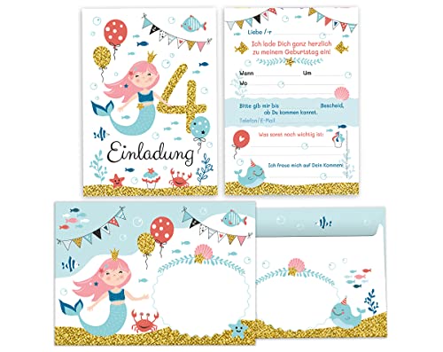 Minkocards 12 Einladungskarten incl. 12 Umschläge zum vierten Kindergeburtstag 4. Geburtstag Mädchen Meerjungfrau bunte Einladungen zum Geburtstag Kinder Einladungsset von Minkocards