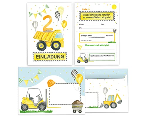 Minkocards 12 Einladungskarten incl. 12 Umschläge zum zweiten Kindergeburtstag 2. Geburtstag Jungen Jungs Baustelle bunte Einladungen zum Geburtstag Kinder Einladungsset von Minkocards