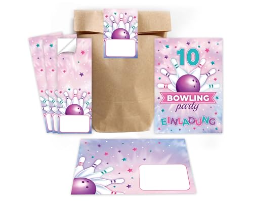 Minkocards 12 Einladungskarten zum 10. Kindergeburtstag Bowling Kegeln Bowling-Party Mädchen Einladungen zehnte Mädchengeburtstag incl. 12 Umschläge, 12 Partytüten/natur, 12 Aufkleber von Minkocards