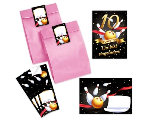 Minkocards 12 Einladungskarten zum 10. Kindergeburtstag Bowling Kegeln Mädchen Einladungen zehnte Geburtstag incl. 12 Umschläge, 12 Partytüten/rosa, 12 Aufkleber Einladungsset von Minkocards