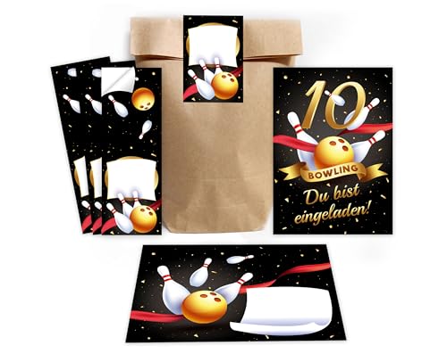 Minkocards 12 Einladungskarten zum 10. Kindergeburtstag Bowling Kegeln Mädchen Jungen Einladungen zehnte Geburtstag incl. 12 Umschläge, 12 Partytüten/natur, 12 Aufkleber Einladungsset von Minkocards