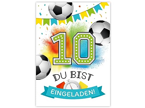 Minkocards 12 Einladungskarten zum 10. Kindergeburtstag Junge Fußball Fussball Einladungen zum zehnten Geburtstag Kinder bunte Geburtstagseinladungen von Minkocards