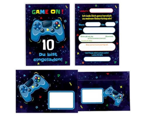 Minkocards 12 Einladungskarten zum 10. Kindergeburtstag Junge Gamer Party incl. 12 Umschläge Einladungen zehnte Jungsgeburtstag Geburtstagseinladungen von Minkocards