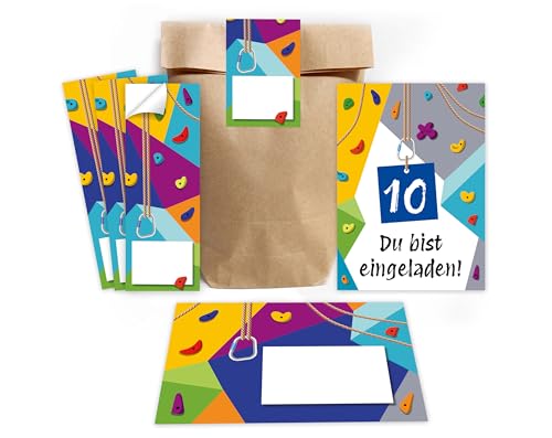 Minkocards 12 Einladungskarten zum 10. Kindergeburtstag Klettern Bouldern Mädchen Jungen Einladungen zehnte Geburtstag incl. 12 Umschläge, 12 Partytüten/natur, 12 Aufkleber von Minkocards