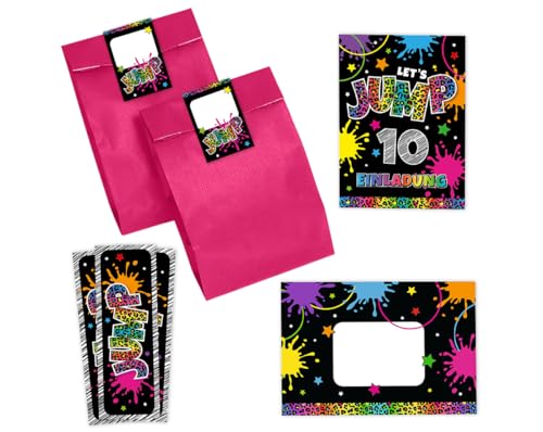 Minkocards 12 Einladungskarten zum 10. Kindergeburtstag Mädchen Jump Trampolin Einladungen zehnte Mädchengeburtstag incl. 12 Umschläge, 12 Partytüten/pink, 12 Aufkleber, 12 Lesezeichen von Minkocards