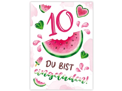 Minkocards 12 Einladungskarten zum 10. Kindergeburtstag Mädchen Wassermelone Einladung zehnte Geburtstag Mädchengeburtstag Geburtstagseinladungen von Minkocards