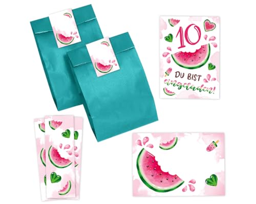 Minkocards 12 Einladungskarten zum 10. Kindergeburtstag Mädchen Wassermelone Einladung zehnte Mädchengeburtstag incl. 12 Umschläge, 12 Partytüten/petrol, 12 Aufkleber, 12 Lesezeichen von Minkocards