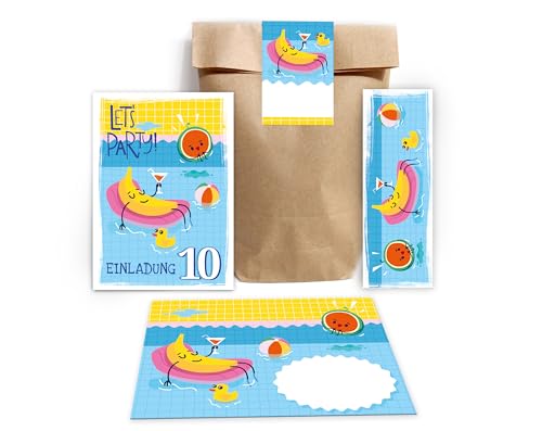 Minkocards 12 Einladungskarten zum 10. Kindergeburtstag Schwimmbad Jungen Mädchen Einladung zehnte Geburtstag incl. 12 Umschläge, 12 Partytüten/natur, 12 Aufkleber, 12 Lesezeichen von Minkocards