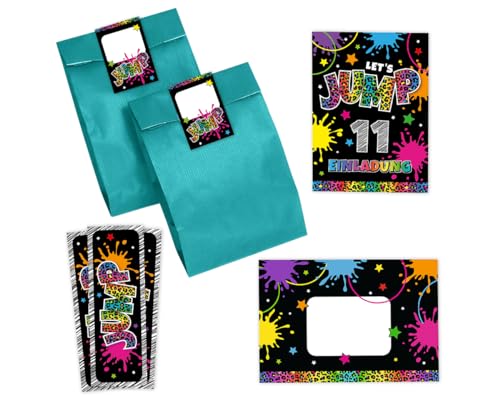 Minkocards 12 Einladungskarten zum 11. Kindergeburtstag Mädchen Jump Trampolin Einladungen elfte Mädchengeburtstag incl. 12 Umschläge, 12 Partytüten/petrol, 12 Aufkleber, 12 Lesezeichen von Minkocards