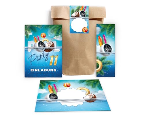 Minkocards 12 Einladungskarten zum 11. Kindergeburtstag Schwimmbad Jungen Mädchen Einladung elfte Geburtstagen incl. 12 Umschläge, 12 Partytüten/natur, 12 Aufkleber, 12 Lesezeichen von Minkocards