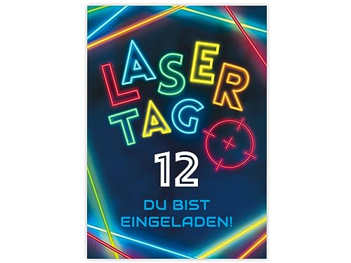 Minkocards 12 Einladungskarten zum 12. Kindergeburtstag Lasertag Laser Tag bunt Mädchen Jungen Einladungen zwölfte Geburtstag Kinder bunte Geburtstagseinladungen von Minkocards