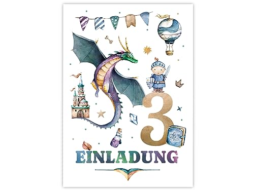 Minkocards 12 Einladungskarten zum 3. Kindergeburtstag Junge Ritter Drache Einladungen zum dritten Geburtstag Kinder bunte Geburtstagseinladungen von Minkocards