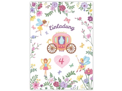 Minkocards 12 Einladungskarten zum 4. Kindergeburtstag Feen Prinzessin Mädchen Einladung vierte Mädchengeburtstag Geburtstagseinladungen von Minkocards