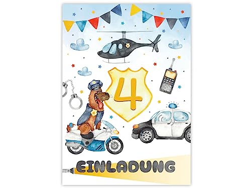 Minkocards 12 Einladungskarten zum 4. Kindergeburtstag Junge Polizei Detektiv Einladungen zum vierten Geburtstag Kinder bunte Geburtstagseinladungen von Minkocards