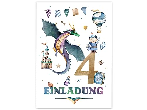 Minkocards 12 Einladungskarten zum 4. Kindergeburtstag Junge Ritter Drache Einladungen zum vierten Geburtstag Kinder bunte Geburtstagseinladungen von Minkocards