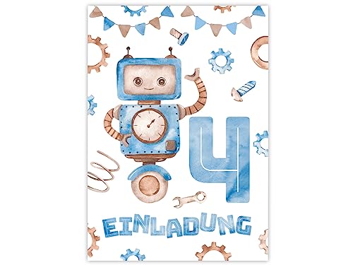 Minkocards 12 Einladungskarten zum 4. Kindergeburtstag Junge Roboter Einladungen zum vierten Geburtstag Kinder bunte Geburtstagseinladungen von Minkocards