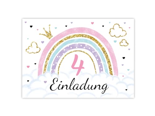 Minkocards 12 Einladungskarten zum 4. Kindergeburtstag Mädchen Regenbogen Einladung vierte Geburtstag Mädchengeburtstag Geburtstagseinladungen von Minkocards