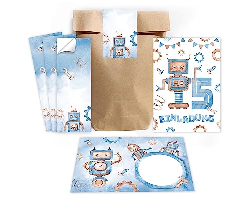 Minkocards 12 Einladungskarten zum 5. Kindergeburtstag Junge Roboter Einladungen zum fünften Geburtstag incl. 12 Umschläge, 12 Partytüten/natur, 12 Aufkleber von Minkocards