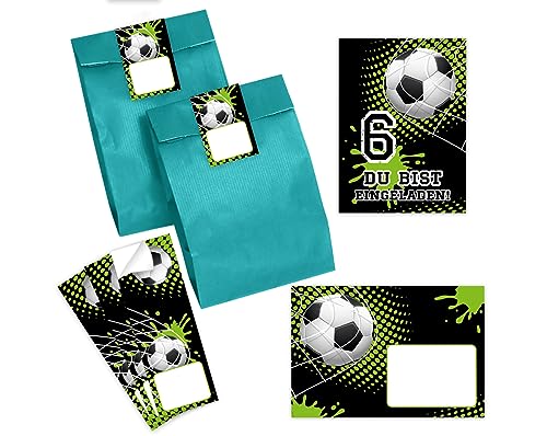 Minkocards 12 Einladungskarten zum 6. Kindergeburtstag Junge Fussball Fußball Einladungen zum sechsten Geburtstag incl. 12 Umschläge, 12 Partytüten/petrol, 12 Aufkleber von Minkocards