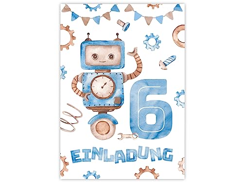 Minkocards 12 Einladungskarten zum 6. Kindergeburtstag Junge Roboter Einladungen zum sechsten Geburtstag Kinder bunte Geburtstagseinladungen von Minkocards