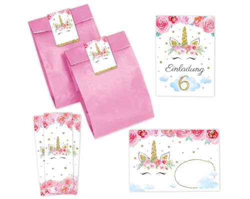 Minkocards 12 Einladungskarten zum 6. Kindergeburtstag Mädchen Einhorn Einladung sechste Mädchengeburtstag incl. 12 Umschläge, 12 Partytüten/rosa, 12 Aufkleber, 12 Lesezeichen von Minkocards