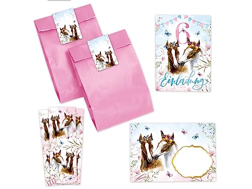 Minkocards 12 Einladungskarten zum 6. Kindergeburtstag Mädchen Pferde Einladung sechste Geburtstag incl. 12 Umschläge, 12 Partytüten/rosa, 12 Aufkleber, 12 Lesezeichen von Minkocards