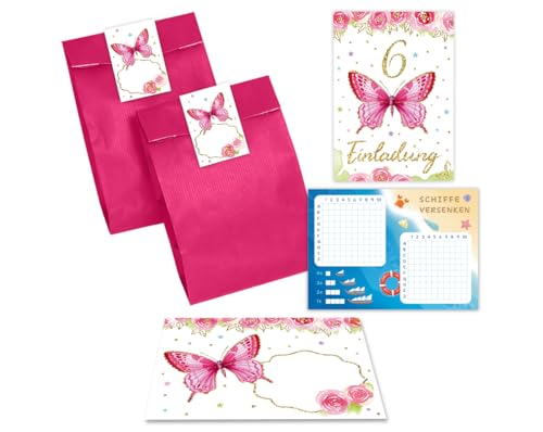 Minkocards 12 Einladungskarten zum 6. Kindergeburtstag Mädchen Schmetterling Einladungen sechste Geburtstag Kinder incl. 12 Umschläge, 12 Tüten/pink, 12 Aufkleber, 12 Schiffe versenken von Minkocards