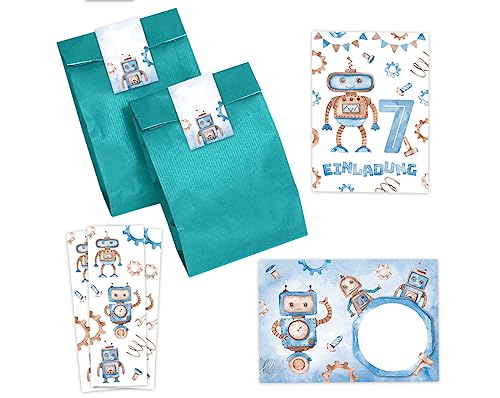 Minkocards 12 Einladungskarten zum 7. Kindergeburtstag Junge Roboter Einladungen zum siebten Geburtstag incl. 12 Umschläge, 12 Partytüten/petrol, 12 Aufkleber, 12 Lesezeichen Minkocards 12 Einladungskarten zum 7. Kindergeburtstag Junge Roboter Einladungen zum siebten Geburtstag incl. 12 Umschläge, 12 Partytüten/petrol, 12 Aufkleber, 12 Lesezeichen von Minkocards