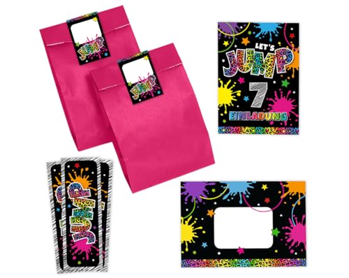 Minkocards 12 Einladungskarten zum 7. Kindergeburtstag Mädchen Jump Trampolin Einladungen siebte Mädchengeburtstag incl. 12 Umschläge, 12 Partytüten/pink, 12 Aufkleber, 12 Lesezeichen von Minkocards