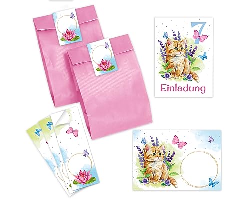 Minkocards 12 Einladungskarten zum 7. Kindergeburtstag Mädchen Katze Kätzchen Einladung siebte Geburtstag incl. 12 Umschläge, 12 Partytüten/rosa, 12 Aufkleber von Minkocards