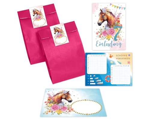 Minkocards 12 Einladungskarten zum 7. Kindergeburtstag Mädchen Pferd Einladung siebte Geburtstag incl. 12 Umschläge, 12 Partytüten/rosa, 12 Aufkleber, 12 Schiffe versenken von Minkocards