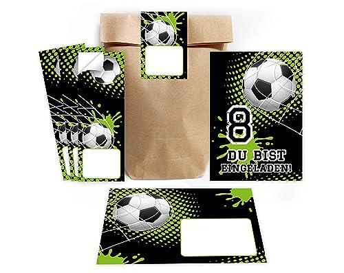 Minkocards 12 Einladungskarten zum 8. Kindergeburtstag Junge Fussball Fußball Einladungen zum achten Geburtstag incl. 12 Umschläge, 12 Partytüten/natur, 12 Aufkleber von Minkocards