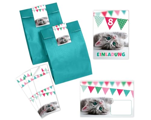 Minkocards 12 Einladungskarten zum 8. Kindergeburtstag Mädchen Jungen Katze Einladungen achte Geburtstag Kinder incl. 12 Umschläge, 12 Partytüten/petrol, 12 Aufkleber von Minkocards