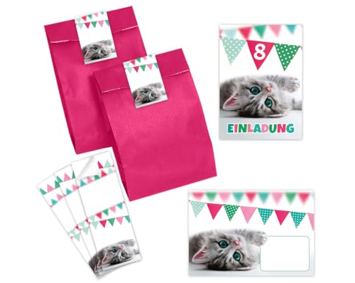 Minkocards 12 Einladungskarten zum 8. Kindergeburtstag Mädchen Jungen Katze Einladungen achte Geburtstag Kinder incl. 12 Umschläge, 12 Partytüten/pink, 12 Aufkleber von Minkocards