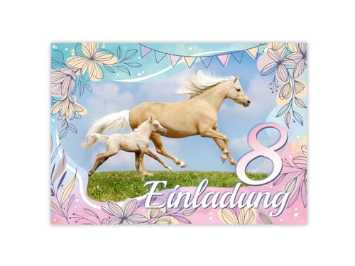 Minkocards 12 Einladungskarten zum 8. Kindergeburtstag Mädchen Pferd mit Fohlen Einladung achte Geburtstag Kinder bunte Geburtstagseinladungen von Minkocards