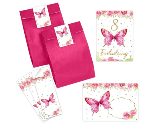 Minkocards 12 Einladungskarten zum 8. Kindergeburtstag Mädchen Schmetterling Einladungen achte Geburtstag Kinder incl. 12 Umschläge, 12 Partytüten/pink, 12 Aufkleber von Minkocards