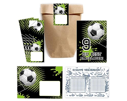 Minkocards 12 Einladungskarten zum 9. Kindergeburtstag Junge Fussball Fußball Einladungen zum neunten Geburtstag incl. 12 Umschläge, 12 Partytüten/natur, 12 Aufkleber, 12 Schiffe versenken von Minkocards