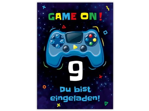 Minkocards 12 Einladungskarten zum 9. Kindergeburtstag Junge Gamer Party Einladungen neunte Jungsgeburtstag Geburtstagseinladungen von Minkocards