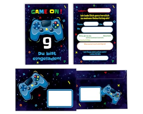 Minkocards 12 Einladungskarten zum 9. Kindergeburtstag Junge Gamer Party incl. 12 Umschläge Einladungen neunte Jungsgeburtstag Geburtstagseinladungen von Minkocards