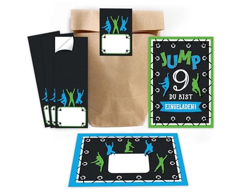 Minkocards 12 Einladungskarten zum 9. Kindergeburtstag Junge Mädchen Jump Trampolin Einladungen neunte Geburtstag incl. 12 Umschläge, 12 Partytüten/natur, 12 Aufkleber von Minkocards