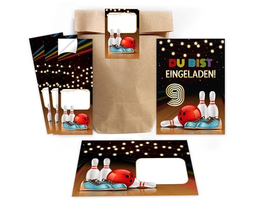 Minkocards 12 Einladungskarten zum 9. Kindergeburtstag Kegeln Bowling Mädchen Jungen Einladungen neunte Geburtstag incl. 12 Umschläge, 12 Partytüten/natur, 12 Aufkleber Einladungsset von Minkocards