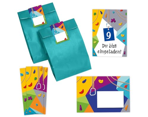 Minkocards 12 Einladungskarten zum 9. Kindergeburtstag Klettern Bouldern Mädchen Jungen Einladungen neunte Geburtstag incl. 12 Umschläge, 12 Partytüten/petrol, 12 Aufkleber, 12 Lesezeichen von Minkocards