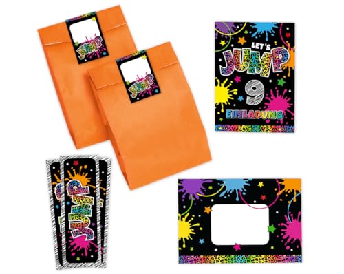 Minkocards 12 Einladungskarten zum 9. Kindergeburtstag Mädchen Jump Trampolin Einladungen neunte Mädchengeburtstag incl. 12 Umschläge, 12 Partytüten/orange, 12 Aufkleber, 12 Lesezeichen von Minkocards