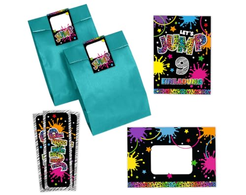 Minkocards 12 Einladungskarten zum 9. Kindergeburtstag Mädchen Jump Trampolin Einladungen neunte Mädchengeburtstag incl. 12 Umschläge, 12 Partytüten/petrol, 12 Aufkleber, 12 Lesezeichen von Minkocards