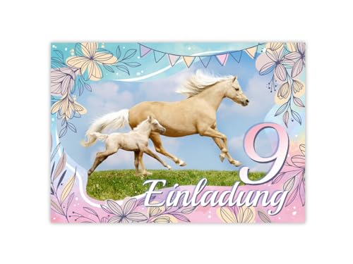 Minkocards 12 Einladungskarten zum 9. Kindergeburtstag Mädchen Pferd mit Fohlen Einladung neunte Geburtstag Kinder bunte Geburtstagseinladungen von Minkocards